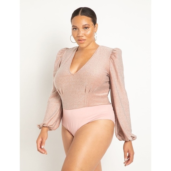 Eloquii Sparkly V-Neck Bodysuit Pink - Picture 2 of 6